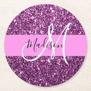Glam Roze en Paarse Glitter Sparkles Monogram Ronde Kartonnen Onderzetter
