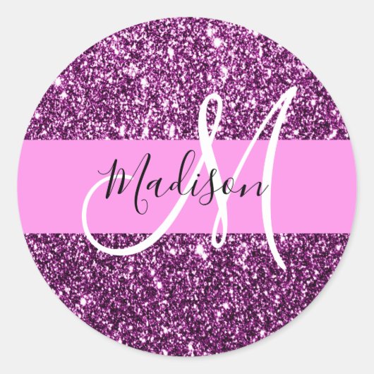 Glam Roze en Paarse Glitter Sparkles Monogram Ronde Sticker (Voorkant)