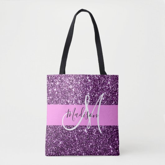 Glam Roze en Paarse Glitter Sparkles Monogram Tote Bag (Voorkant)
