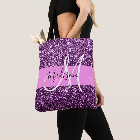 Glam Roze en Paarse Glitter Sparkles Monogram Tote Bag (Dichtbij)