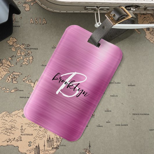 Glam roze geborsteld metaal zwart wit monogram bagagelabel