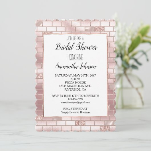 Glam Roze Glitter Bakstenen Bruiloftsfeest Kaart (Staand voorkant)