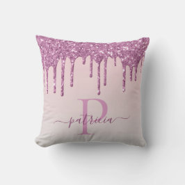 Glam Roze Glitter Drips Elegante Monogram Kussen