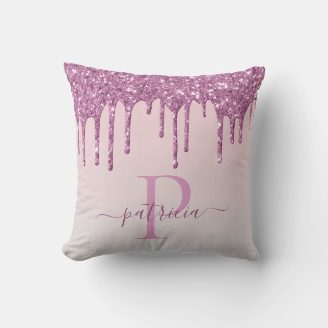 Glam Roze Glitter Drips Elegante Monogram Kussen (Voorkant)