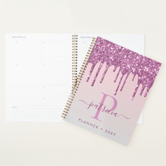 Glam Roze Glitter Drips Elegante Monogram Planner (Display)