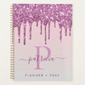 Glam Roze Glitter Drips Elegante Monogram Planner (Voorkant)