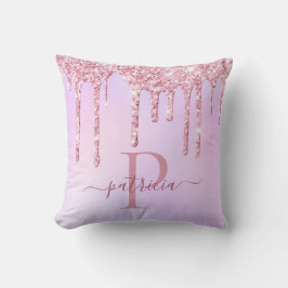 Glam Roze Glitter Druppels Elegant Monogram Kussen