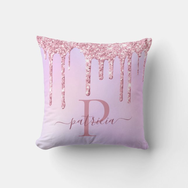 Glam Roze Glitter Druppels Elegant Monogram Kussen (Voorkant)