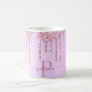 Glam Roze Glitter Druppels Elegante Monogram Koffiemok