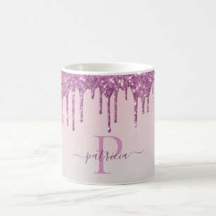 Glam Roze Glitter Druppels Elegante Monogram Koffiemok