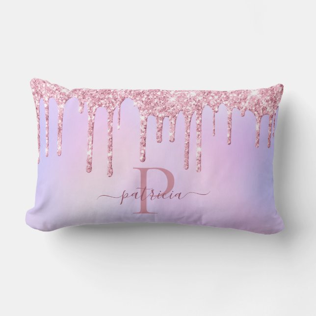 Glam Roze Glitter Druppels Elegante Monogram Kussen (Voorkant)