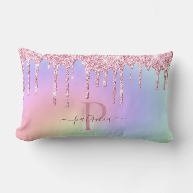 Glam Roze Glitter Druppels Elegante Monogram Lumba Kussen (Voorkant)