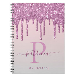Glam Roze Glitter Druppels Elegante Monogram Notitieboek