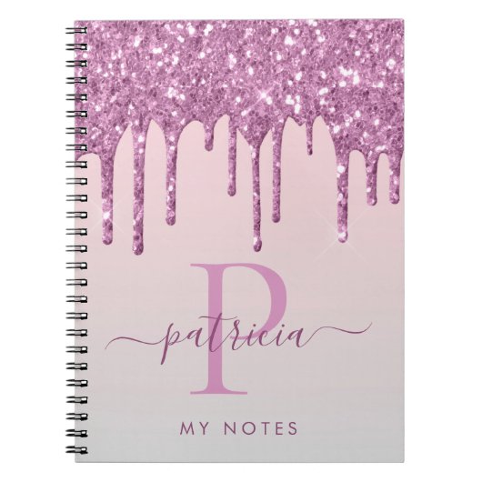 Glam Roze Glitter Druppels Elegante Monogram Notitieboek (Voorkant)