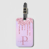 Glam roze glitter druppelt elaar elegant monogram bagagelabel (Voorkant (verticaal))