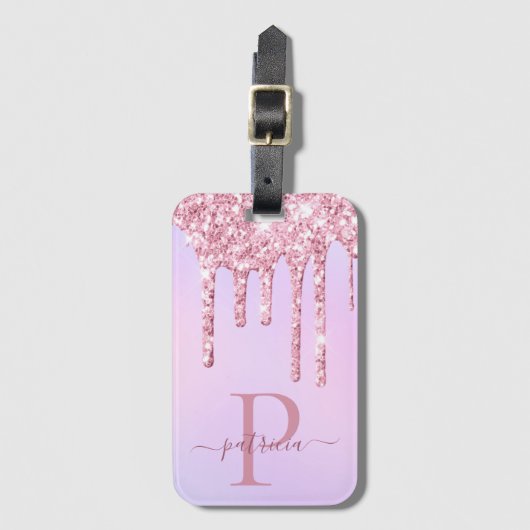 Glam roze glitter druppelt elaar elegant monogram bagagelabel (Voorkant (verticaal))