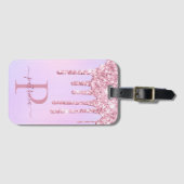 Glam roze glitter druppelt elaar elegant monogram bagagelabel (Voorkant (horizontaal))