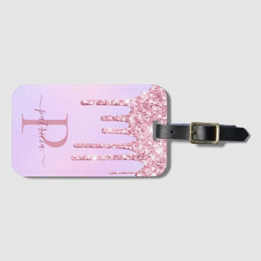 Glam roze glitter druppelt elaar elegant monogram bagagelabel (Voorkant (horizontaal))