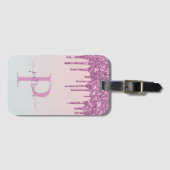 Glam roze glitter druppelt elaar elegant monogram bagagelabel (Voorkant (horizontaal))