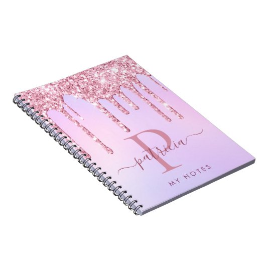 Glam roze glitter druppelt elaar elegant monogram  notitieboek (Rechterzijde)