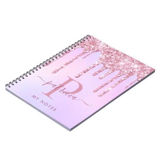 Glam roze glitter druppelt elaar elegant monogram  notitieboek (Linkerzijde)