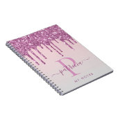 Glam roze glitter druppelt elaar elegant monogram notitieboek (Rechterzijde)