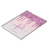 Glam roze glitter druppelt elaar elegant monogram notitieboek (Linkerzijde)