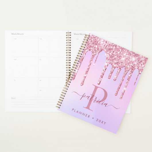 Glam roze glitter druppelt elaar elegante monogram planner (Display)