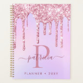 Glam roze glitter druppelt elaar elegante monogram planner (Voorkant)