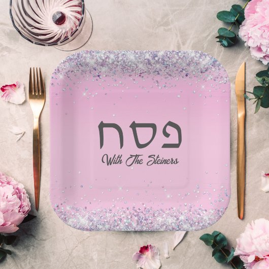 Glam Roze Glitter Hebreeuwse Passover Dinner Seder Papieren Bordje
