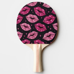 Glam Roze Glitter Lippen op Zwarte Design Tafeltennisbatje