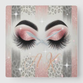 Glam Roze Glitter Wimpers Monogram Vierkante Klok (Voorkant)
