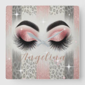 Glam Roze Glitter Wimpers Vierkante Klok (Voorkant)
