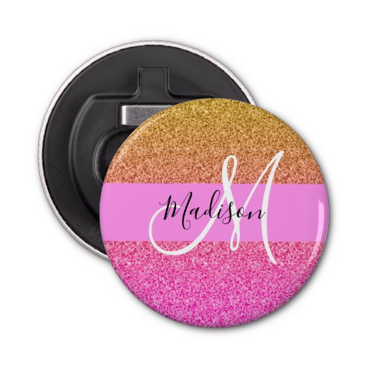 Glam Roze & Gold Glitter Sparkle Gradient Monogram Button Flesopener (Voorkant)