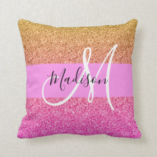 Glam Roze & Gold Glitter Sparkle Gradient Monogram Kussen
