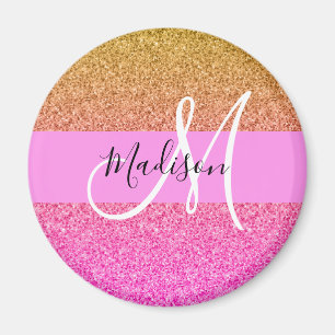 Glam Roze & Gold Glitter Sparkle Gradient Monogram Magneet