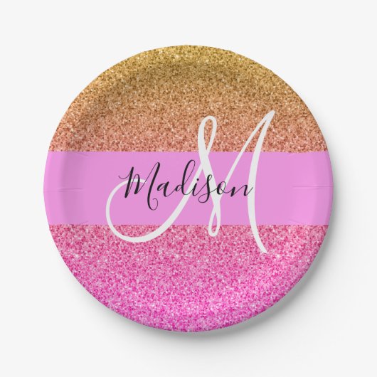 Glam Roze & Gold Glitter Sparkle Gradient Monogram Papieren Bordje (Voorkant)