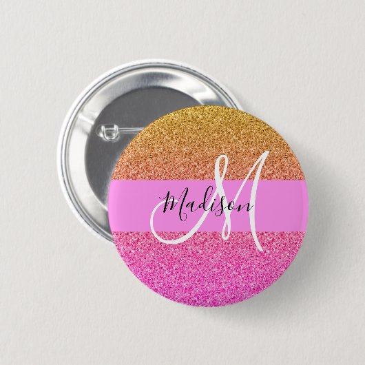 Glam Roze & Gold Glitter Sparkle Gradient Monogram Ronde Button 5,7 Cm (Voorkant /achterkant)