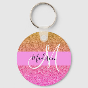 Glam Roze & Gold Glitter Sparkle Gradient Monogram Sleutelhanger