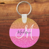 Glam Roze & Gold Glitter Sparkle Gradient Monogram Sleutelhanger (Voorkant)