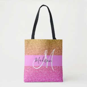 Glam Roze & Gold Glitter Sparkle Gradient Monogram Tote Bag