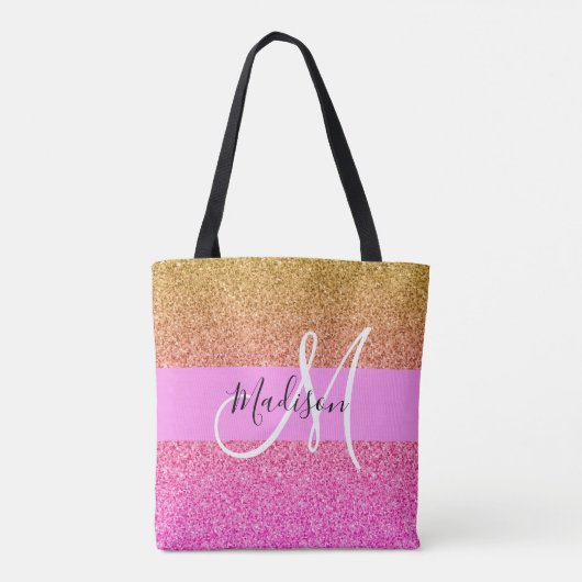 Glam Roze & Gold Glitter Sparkle Gradient Monogram Tote Bag (Achterkant)