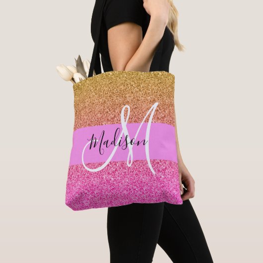 Glam Roze & Gold Glitter Sparkle Gradient Monogram Tote Bag (Dichtbij)