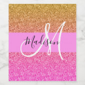Glam Roze & Gold Glitter Sparkle Gradient Monogram Wijn Etiket (Enkel label)