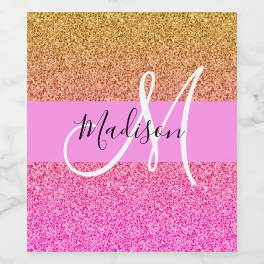 Glam Roze & Gold Glitter Sparkle Gradient Monogram Wijn Etiket (Enkel label)