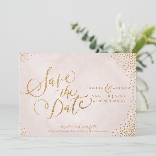 Glam roze goud calligrafie save the date (Staand voorkant)