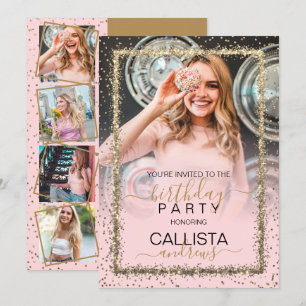 Glam Roze Goud Confetti Border Foto Verjaardag Kaart