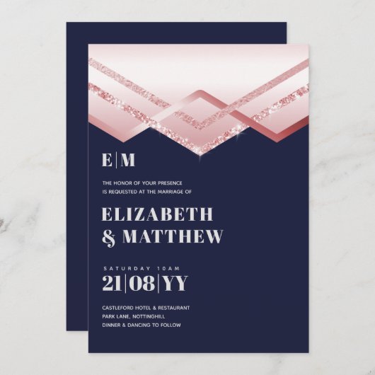 Glam Roze Goud DECO Trouw Uitnodiging Modern Chic (Voorkant / Achterkant)