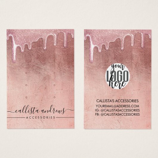 Glam Roze Goud Dikke Glitter Druppels Logo Oorbel Visitekaartje (Voorkant /achterkant)