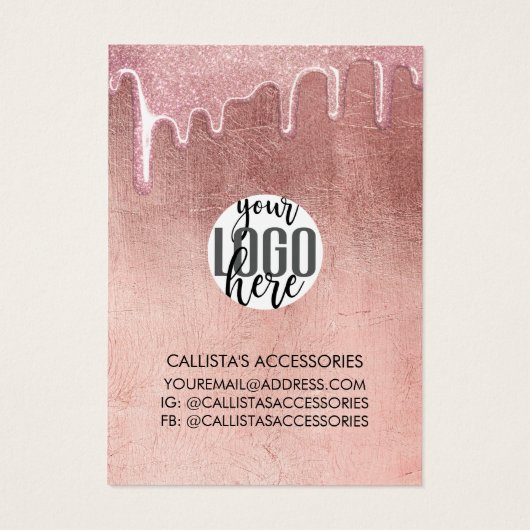 Glam Roze Goud Dikke Glitter Druppels Logo Oorbel Visitekaartje (Achterkant)